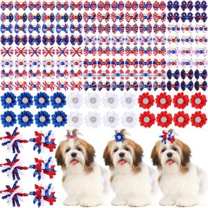 Kacctyen 150 Pcs 4th of July Patriotic Dog Bows with Rubber Bands, Red White Blue Flower Pet Hair Accessories, Independence Day Grooming Dog Bows for Small Medium Puppy Yorkie Cat Bunny