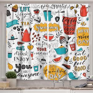 Lunarable Saying Long Kitchen Curtains, Doodle Food Themed Letterings Bon Appetit Yummy Enjoy Your Meal Eat Drink Enjoy, Two Panels Drapes with Rod Pocket Room Decor, 55" X 45", White Yellow