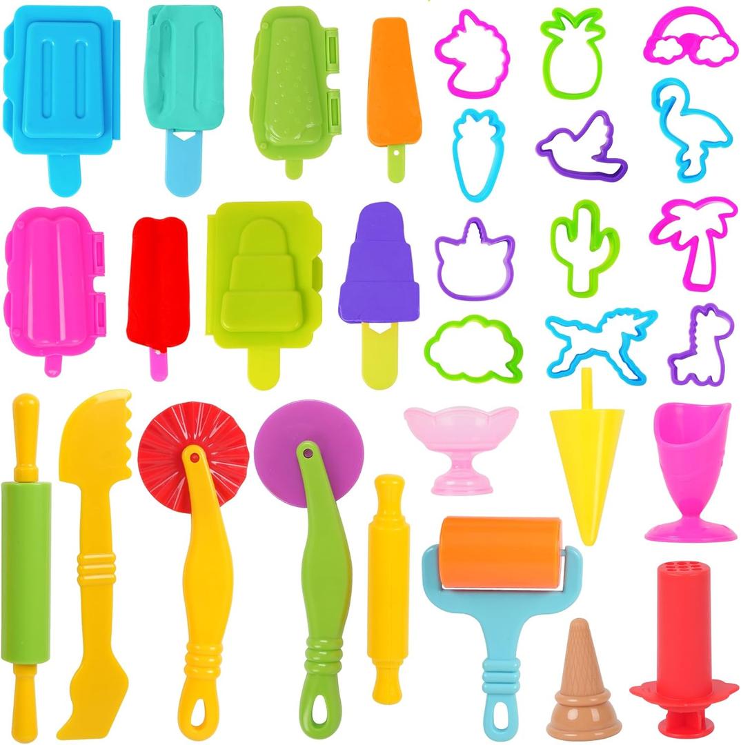 Dough Tools Set for Kids  31 PCS Summer-Themed Dough Play Tools with Animal Cutters, Ice Cream & Popsicle Molds, Dough Extruder  Clay and Dough Tools Kit (Random Colors)