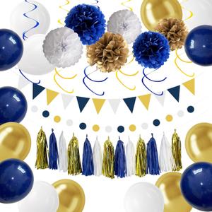 Navy Blue Gold Party Decoration Set 6 Paper Pom Poms, 15 Tassels, 1 Bunting, 1 Garland, 6 Spirals, 15 Latex Balloons Complete Party Decor for Birthday, Graduation,Baby Shower, and Celebrations