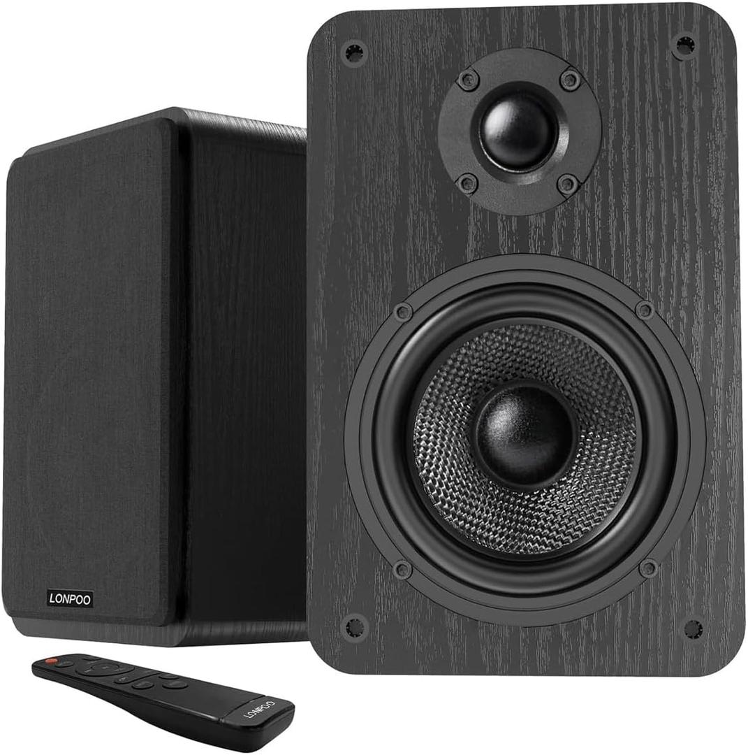 LONPOO Bluetooth Bookshelf Speakers, 60W Powered Speakers with Bluetooth/AUX-in/Optical/RCA (Black)