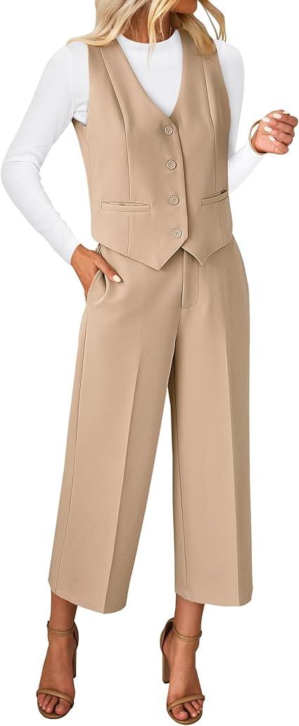 luvamia Pant Suits for Women Dressy Casual 2 Piece Sets Sleeveless Blazer Vest with Wide Leg Capri Pants Work Outfit Large luvamia Pant Suits for Women Dressy Casual 2 Piece Sets Sleeveless Blazer Vest with Wide Leg Capri Pants Work Outfit Large