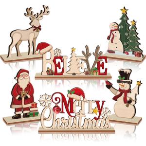 Thyle 6 Pcs Christmas Table Decorations Vintage Christmas Centerpieces for Tables Wooden Retro Snowman Tree Reindeer Santa Claus Joy Believe Tabletop Sign for Xmas Winter Holiday Dinner Party Supplies