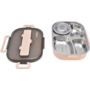 LIZEALUCKY Bento Box, Stainless Steel Lunch Box,4Grid Portable Bento Box, Food Storage Container for Adult, The Lid Contains Spoons and Chopsticks( Pink)