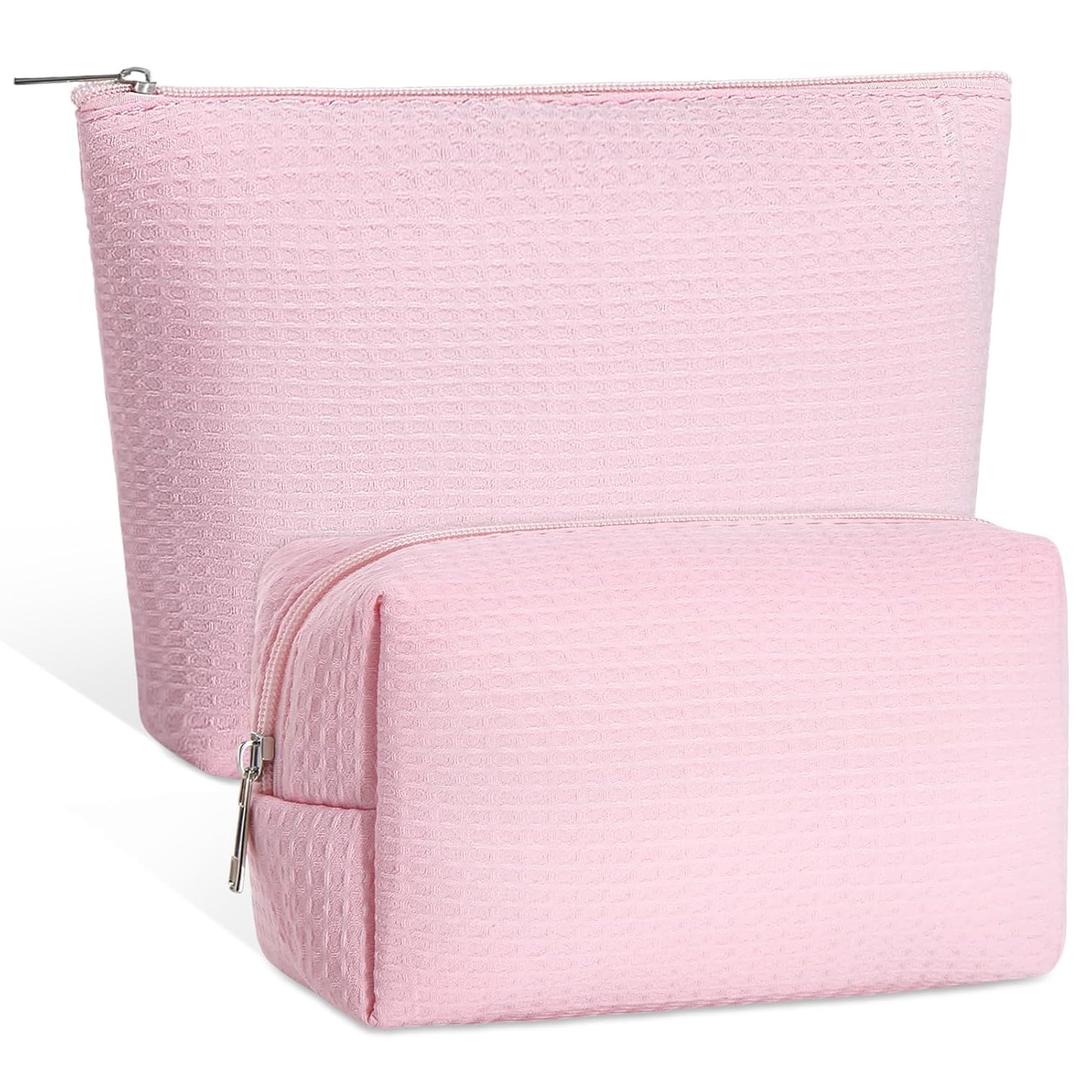 2 Pcs Waffle Makeup Bag Pink Travel Cosmetic Bag Waffle Plaid Make up Pouch with Zipper Aesthetic Toiletry Case Weeding Gifts for Bridesmaid, Women, 2 Styles
