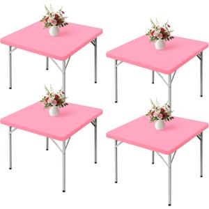 Wolkemer 4 Pack Pink Fitted Tablecloth 34x34 Inch Square Elastic Edges Table Cloth, Spandex Stretch Table Cover with Machine Washable Fabric for Wedding Party Picnic Dining Indoor Outdoor