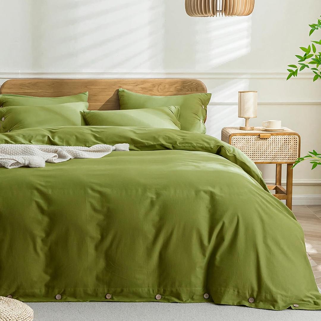 JELLYMONI Cotton Duvet Cover Queen Size - Avocado Green Comforter Cover with Button 100% Washed Cotton 3PCS Breathable Soft Solid Bedding Set Duvet Cover 9090in & 2 Pillowcases (NO Comforter)