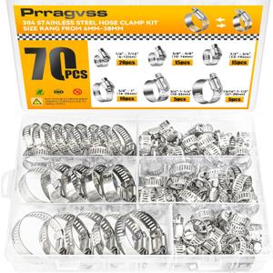 70PCS Hose Clamp Assortment Kit, 304 Stainless Steel Adjustable Worm Gear Hose Clamps Set, 1/4" to 1 1/2" (6-38mm) Range, Heavy Duty Pipe Clamps for Automotive, Plumbing, and Fuel Line