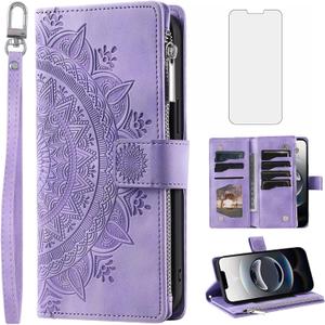 Phone Case for iPhone 16e/SE 2025/SE 4 Wallet Cover Screen Protector and Wrist Strap Mandala Flower Zipper Credit Card Holder Slot i Phone16e i16e 16 e SE4 4th Generation 16eCase Women Men, Purple