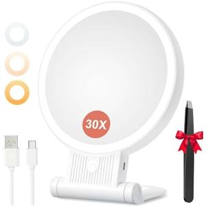 Auxmir 1X/30X Magnifying Mirror with Light, Double Sided Makeup Mirror with Adjustable Folding Handle, Lighted Vanity Mirror with Tweezer, Portable Tabletop Mirror for Travel Home