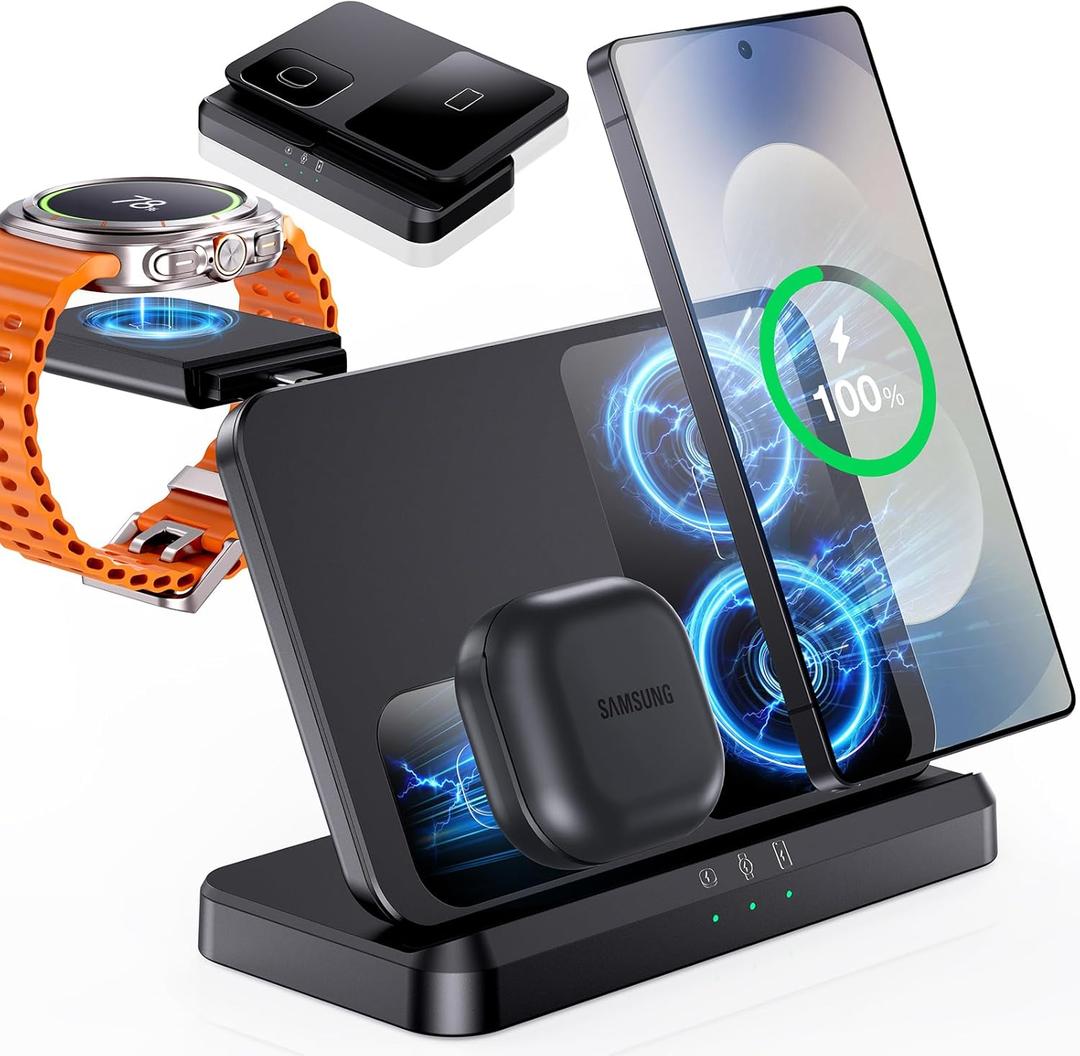 EGV Wireless Charger for Samsung  3 in 1 Wireless Charging Station for Galaxy S26 Ultra S25 S24, Z Fold Flip 7/6, Detachable Watch Charger for Galaxy Ultra 8/7/6, Foldable, Fast Charging, No Adapter