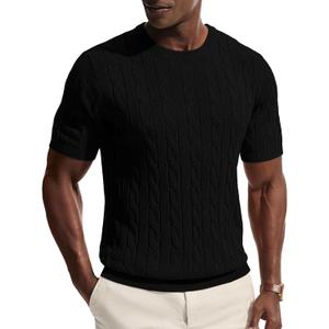 PJ PAUL JONES Men's T-Shirts Cable Knit Short Sleeve Tshirt Casual Textured Shirt Crewneck Tee Shirts (Black, XXL)