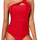 Tempt Me Two Piece Tankini Bathing Suits for Women One Shoulder Swim Top with Bottom Swimsuits (Small, Red)