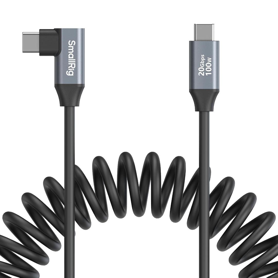 SMALLRIG USB C to USB C Coiled Data Cable (Straight to Angled), 90 Degree USB C Cable 20Gbps High Speed Data Transfer, Support PD 100W Fast Charging, for iPhone, Laptops and Cameras etc. - 4792 (1.15FT-3.28FT)