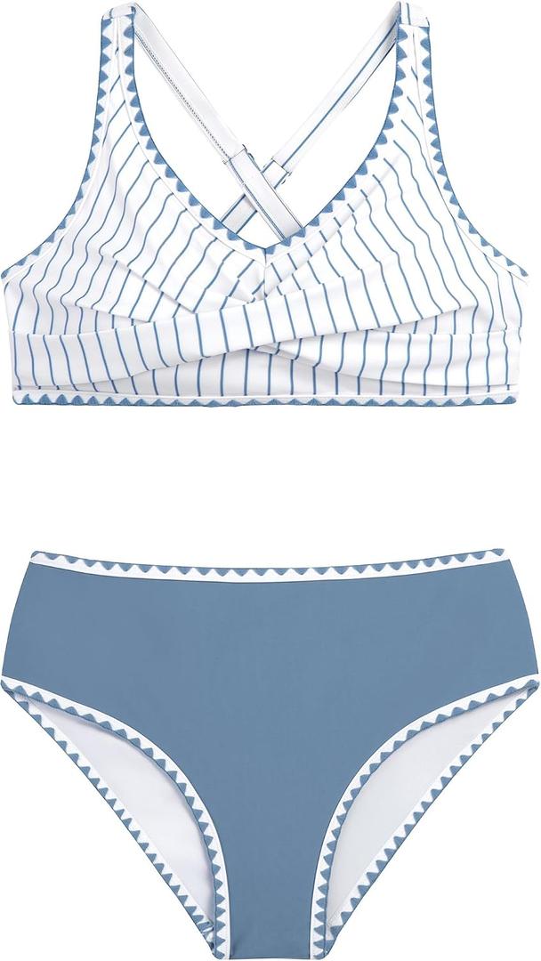HOZIY Teen Girl Swimsuit Kids Blue Stripe Bikini Sets Two Piece Tween Whip Stitch Crisscross Tie Back Juniors Swimwear Bathing Suit Size 9-10