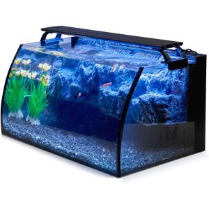 hygger Horizon 8 Gallon LED Glass Aquarium Kit for Starters with 7W Power Filter Pump, 18W Colored led Light, Wide View Curved Shape Fish Tank with Undetachable 3D Rockery Background Decor
