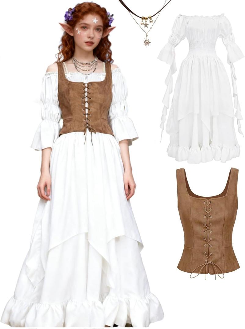 kasahara Womens Renaissance Costume Set Medieval White Dress Lace-Up Vest & Vintage Necklace for Medieval Events (2XL/3XL, Brown)