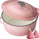 Enameled Cast Iron Dutch Oven - 6QT Dutch Oven Pot with Lid & Cotton Potholders - Heavy-Duty Non Stick Casserole Pot for Braising, Stews, Roasting, Baking, Suitable for All Stovetops, Gentle Pink