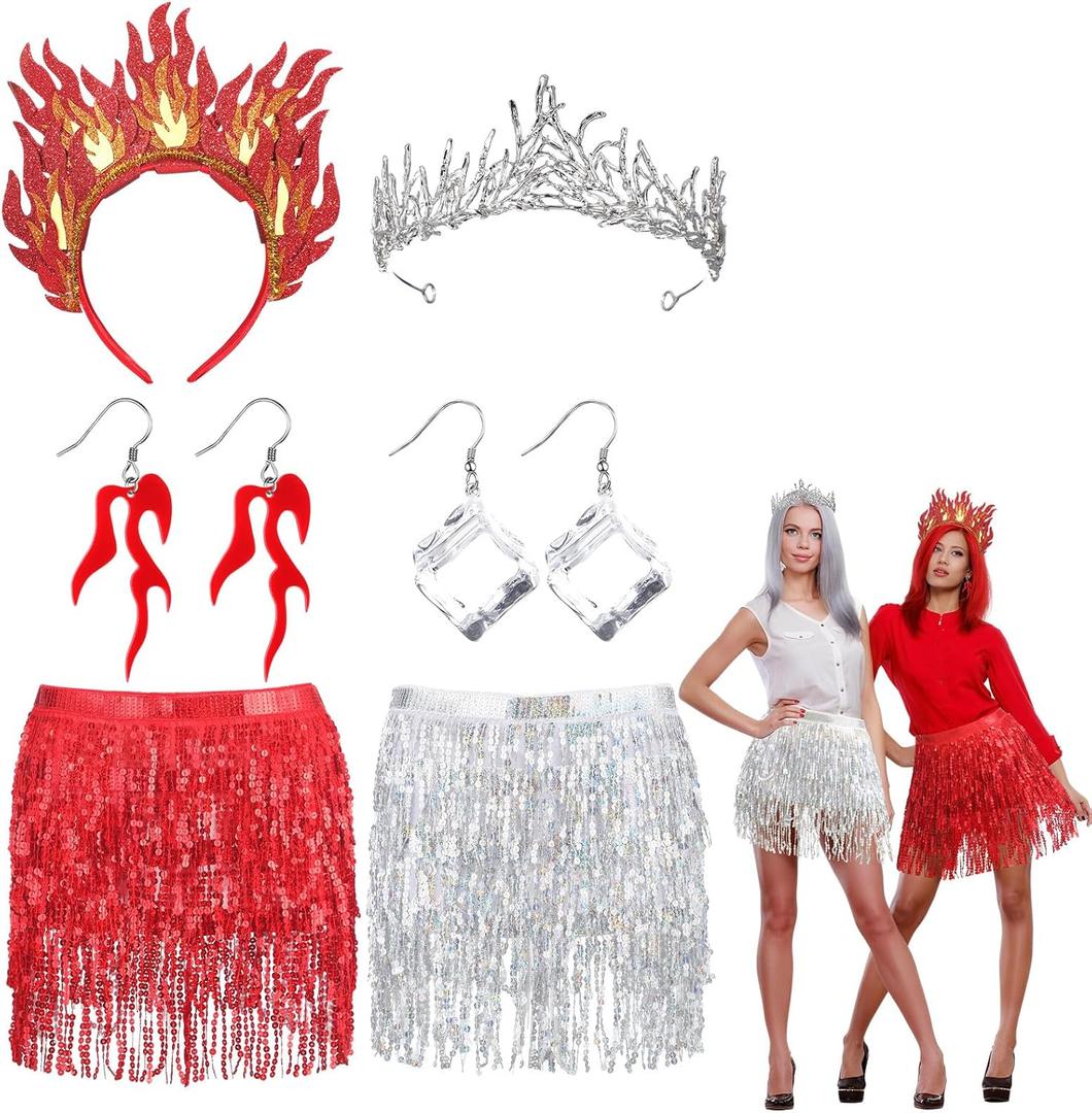 6 Pcs Halloween Fire and Ice Cosplay Costume Accessories Included Red Silver Earrings Headband Sequin Tassel Skirt Wrap for Halloween Party Cosplay Costume