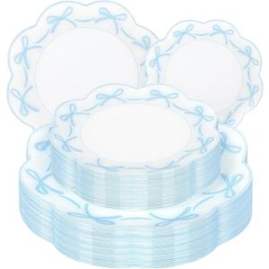 LIYH 60 Pcs Blue Bow Plastic Plates for Party - Blue Bow Knot Scalloped Plastic Plate Disposable Plates Set for Wedding Bridal Shower - 10.25" Dinner & 7.5" Dessert Plate