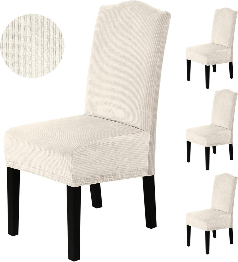 H.VERSAILTEX Velvet Dining Chair Covers Stretch Chair Covers for Dining Room Set of 4 Parson Chair Slipcovers Chair Protectors Covers Dining, Soft Thick Solid Velvet Fabric Washable, Ivory Striped (Striped Ivory)