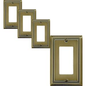OKAWYC Single Decorator Light Switch Cover Belaire Beaded Metal Wall Plate, 4-Pack Antique Brass 1 Gang Single Rocker, for Receptacle Dimmer Switch GFCI Outlet Decorative Wallplate, Durable