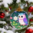 2 x Pixel Art Owl in Flowers Ornaments, Owl Christmas Ornament, Owls Gifts for Women, Owls Decor Bird Ornament 2.75" Glass Decorative Hanging Ornaments