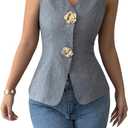 GORGLITTER Women's 3D Flower Metallic Vest Tops Button Up Waistcoat V Neck Sleeveless Vest Blazers (Medium, Grey)