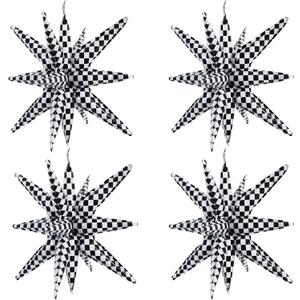 TONIFUL 4 Pcs 22inch 4D Checkered Explosion Star Mylar Balloons 14Point Checkered Star Balloons for Racing Themed Party Decorations Fast Race Car Birthday Baby Shower Photo Booth Backdrop Supplies