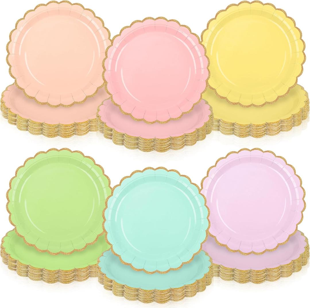 60 Pcs Pastel Paper Plates Pastel Party Supplies 9 Inch Colorful Scalloped Dessert Plates with Gold Edge Rainbow Party Decoration Tableware Set for Wedding Baby Shower Birthday Bridal Shower