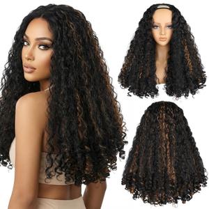 LEEONS 22 Inch Deep Wave U Part Wig for Black Women - Long Synthetic Curly Hair with Unique Bouncy Ends, Glueless U Shape Half Wigs Heat Resistant Fiber, Natural Black Mixed Brown Highlights 