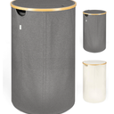 Lonbet - Grey Circular Laundry Baskets with Lid & and Inner Bag - XL 100 Litres - Large Washing Baskets for Laundry with Handles - Laundry Baskets for Bedrooms - Bamboo Bathroom Bin