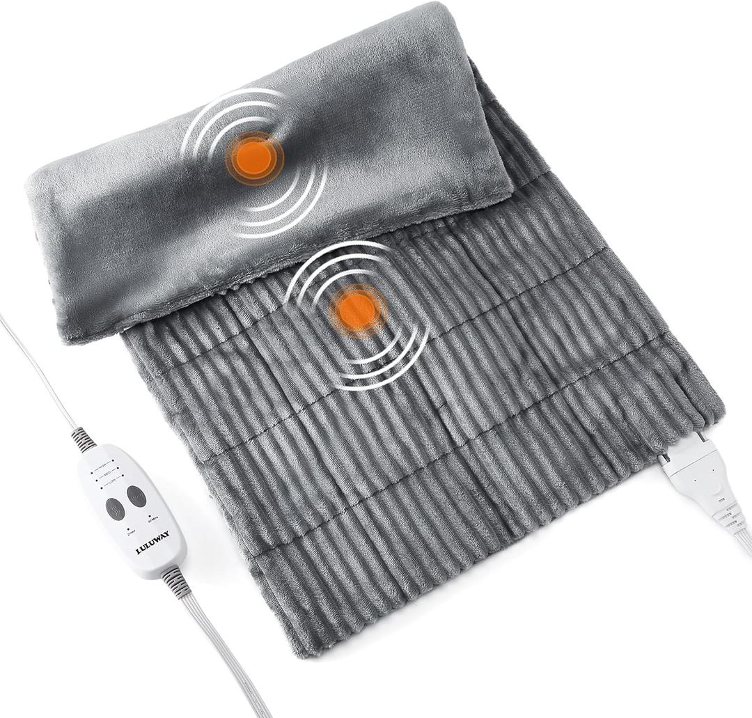 Weighted Heating Pad with Massager Electric Heating Pad for Back with Massaging Vibration, 3 Heating Levels & 3 Massage Types, XXXL Large Size Heating Pad, 33 x 17, Grey