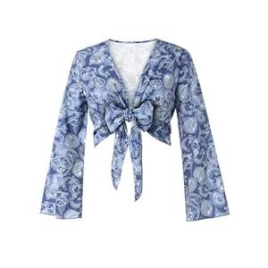 Yousify Women's Floral Long Sleeve Blouses Summer Boho Tie Front V Neck Shirts Crop Tops (Medium)