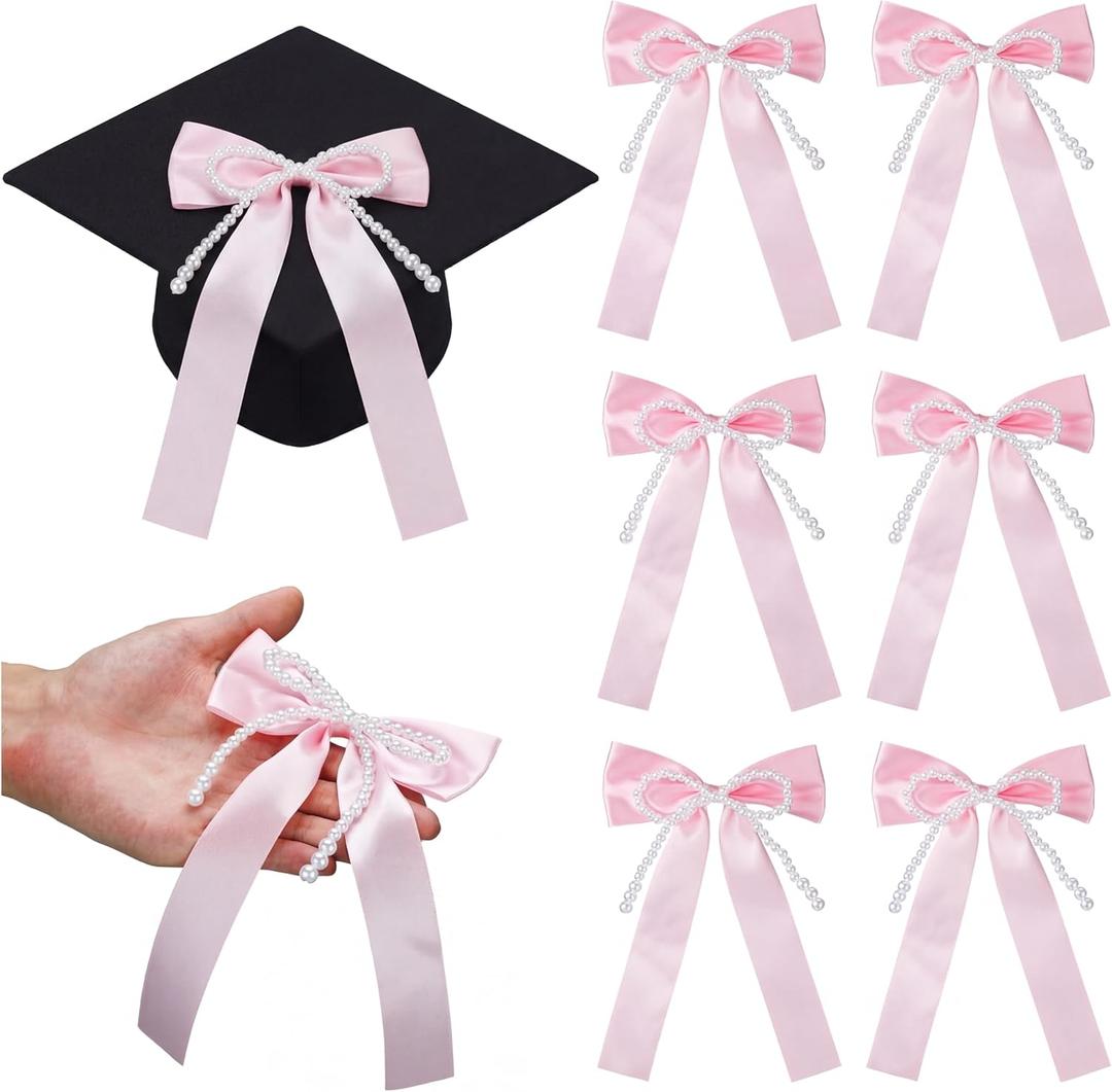 Suncalla 6 Pcs Pink Graduation Cap Bow Pearl Bow Decor Class of 2026 Decorations 5.1 x 7.5 Inch 2026 Graduation Ceremony Accessories for Party Decoration(Pink)