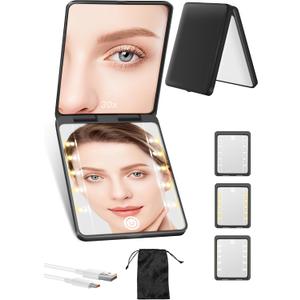 Compact Mirror, Rechargeable 30X Magnifying Mirror with 3 Lighting Modes & Dimmable Brightness, Portable Travel Makeup Mirror with Light, Essentials for Travel, Pocket, Purse, Gifts for Women Black