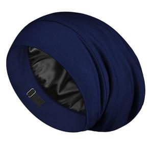 LULUSILK Mulberry Silk Lined Sleep Cap, No More Frizzy Tangled Hair, Stay On All Night Adjustable Silk Hair Wrap for Sleeping, Navy Blue