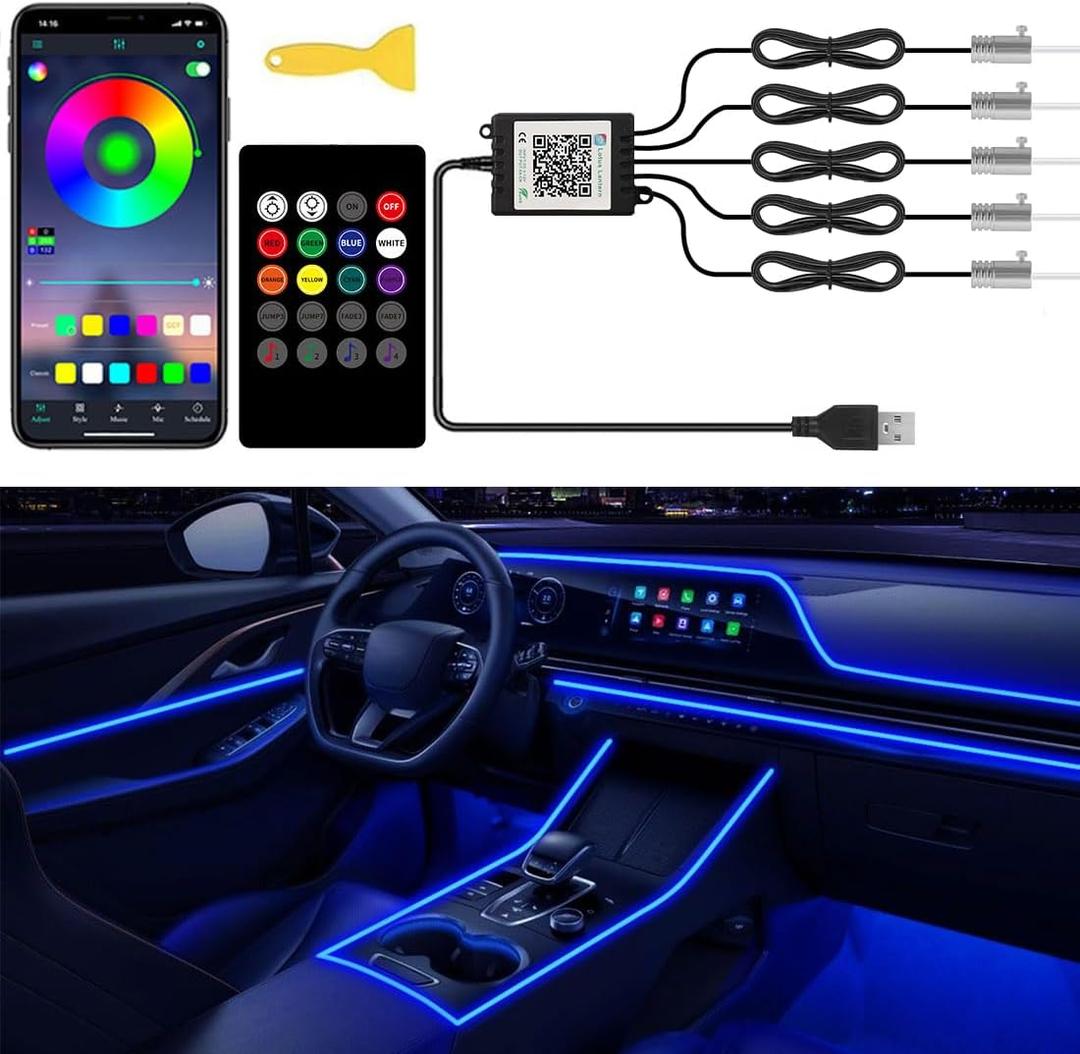 Interior Car Lights with Wireless APP and Remote Control, 5 in 1 RGB Ambient Lighting Kit with 236 inches Fiber Optic, 16 Million Colors Car Neon Strip with Music Mode