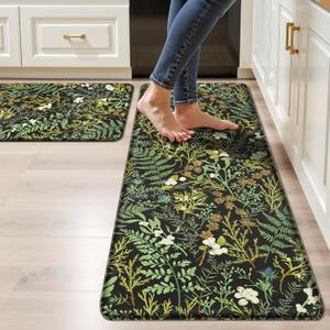 Black Green Botanical Kitchen Rugs Set of 2 Plant Leaf Anti-Fatigue Kitchen Mat Natural Comfort Standing Waterproof PVC Mats 2/5" Thick Leather Carpet for Laundry Office Sink(17.3" x28" + 17.3" x 47")