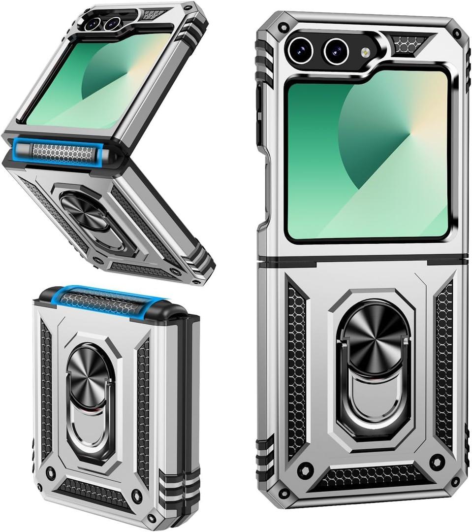 ONOLA Phone for Galaxy Z Flip 7 FE Case/Galaxy Z Flip 6 Case with Hinge Protection and 360°Rotate Ring Magnetic Kickstand. [Military-Grade] Phone Case (Silver)