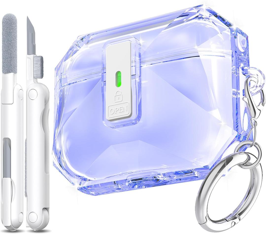R-fun for AirPods Pro 3 Case, Transparent Non-Yellowing with Cleaning Kit & Keychain, Auto Pop-Up Lid Design for AirPods Pro 3rd Generation Case, Compatible with Magsafe, Clear Purple