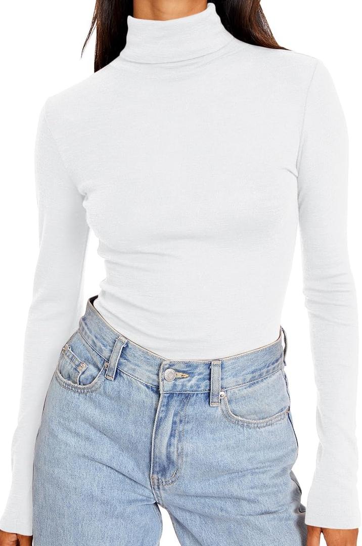 Trendy Queen Women's Turtleneck Long Sleeve Shirts Fall Fashion Basic Thermal Underwear Tops Winter Clothes 2025 (Large, White)