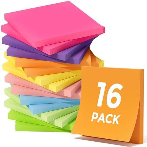 Pack of 2 MaxGear 16 Pads Sticky Notes 3x3, 8 Bright Colors Sticky Pad Strong Adhesive Self-Stick Note Pads for School Supplies/Office Products, Reminders Note on Smooth Surface, 60 Sheets/Pad