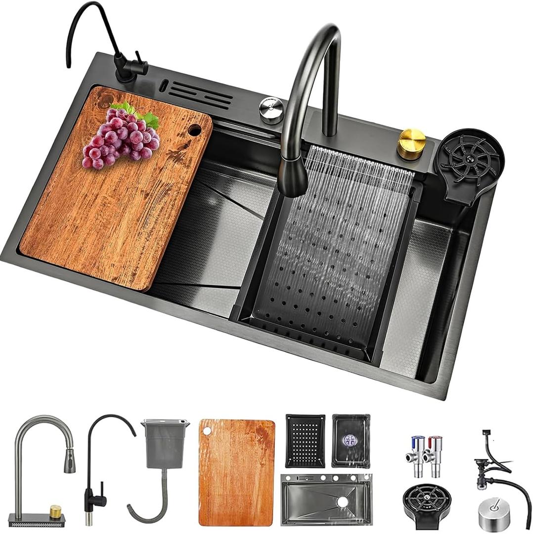 31.5x17.7 Inch Waterfall Kitchen Sink, Black Single Bowl Sinks Pull Down Sprayhead Faucet Kitchen Sink with Cup Washer