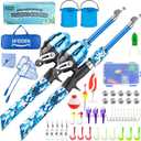 Kids Fishing Pole, Portable Telescopic Kids Fishing Poles for Boys and Girls, Fishing Rod and Reel Combo Kit with Tackle Box, and Fishing Net, Best Fishing Pole for Toddler Youth (Blue+Blue)