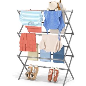 APEXCHASER Clothes Drying Rack, 3-Tier Laundry Drying Rack for Clothes, Expandable Metal Clothing Dryer, Collapsible Towel Rack, Air Drying Rack, Grey