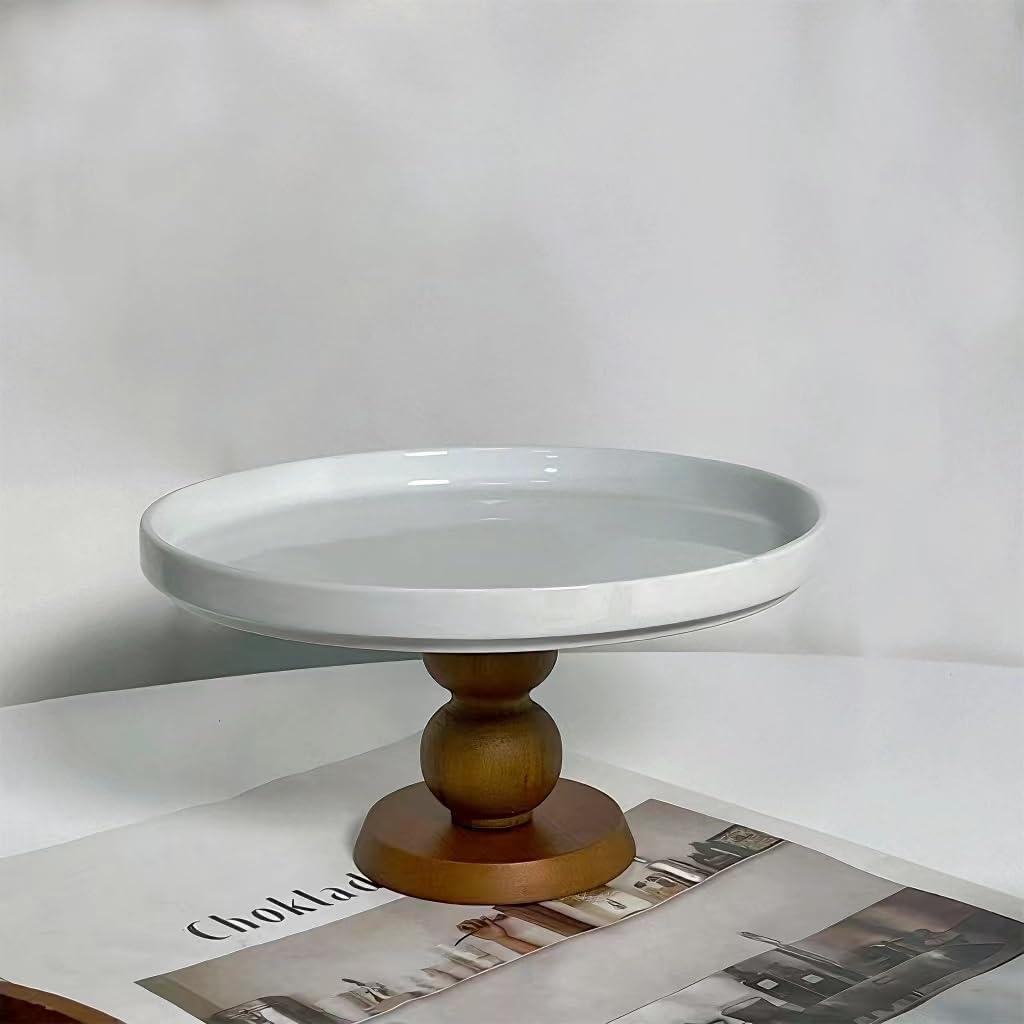 White Cake Stand Small Mini Cake Pedestal Plate Stand, 6 inch Vintage Ceramic Round Wood Pie Stand for Party Wedding, Candle Jewelry Decorative Tray (Brown Wooden High-Foot)
