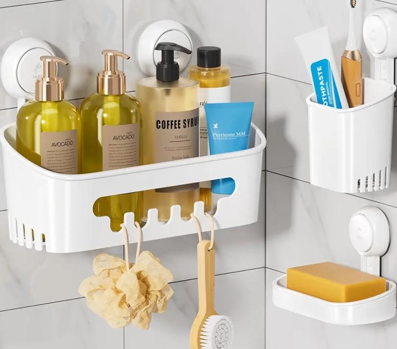 LEVERLOC Shower Caddy Suction Cup Set Shower Organizer & Soap Holder & Toothbrush Holder, Bathroom Shelf Basket NO-Drilling, Removable Suction Storage Waterproof Bathroom Caddy, WhiteShower Organizer, Soap Holder, Toothbrush Holder, Removable Suction
