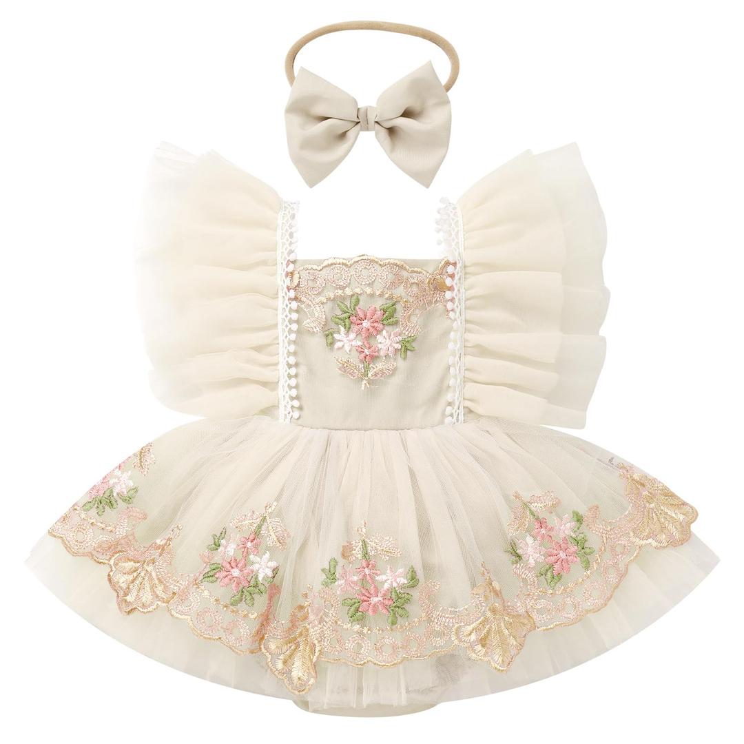 ODASDO Dresses for Baby Girls 1st First Birthday Party Dress Newborn Fairy Tulle Tutu Bubble Romper Toddler Kids Floral Embroidery Bodysuit One Year Old Cake Smash Outfit Photo Shooting Apricot 6-12M