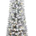 5ft Snow Flocked Christmas Tree Pre-Lit with Warm Lights, White Frosted Pencil Noble Fir, Lighted Slim Artificial Xmas Tree Metal Stand, Premium Holiday Decoration UL Listed
